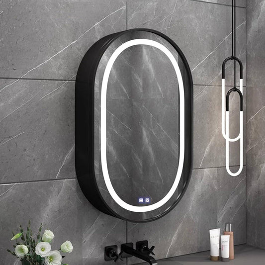 LED огледало с шкаф, овал, 50x80см, увреждания, студ/гореща/неутрална светлина, черна рамка, място за съхранение