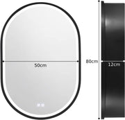 LED огледало с шкаф, овал, 50x80см, увреждания, студ/гореща/неутрална светлина, черна рамка, място за съхранение