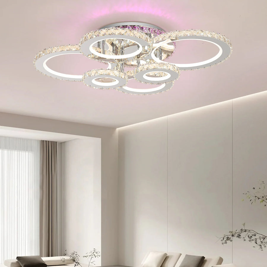 LED полилей с дистанционно управление и кристал Nova RGB 152W, 6 кръга, студена/гореща/неутрална светлина, маргаритка, гланцов хром