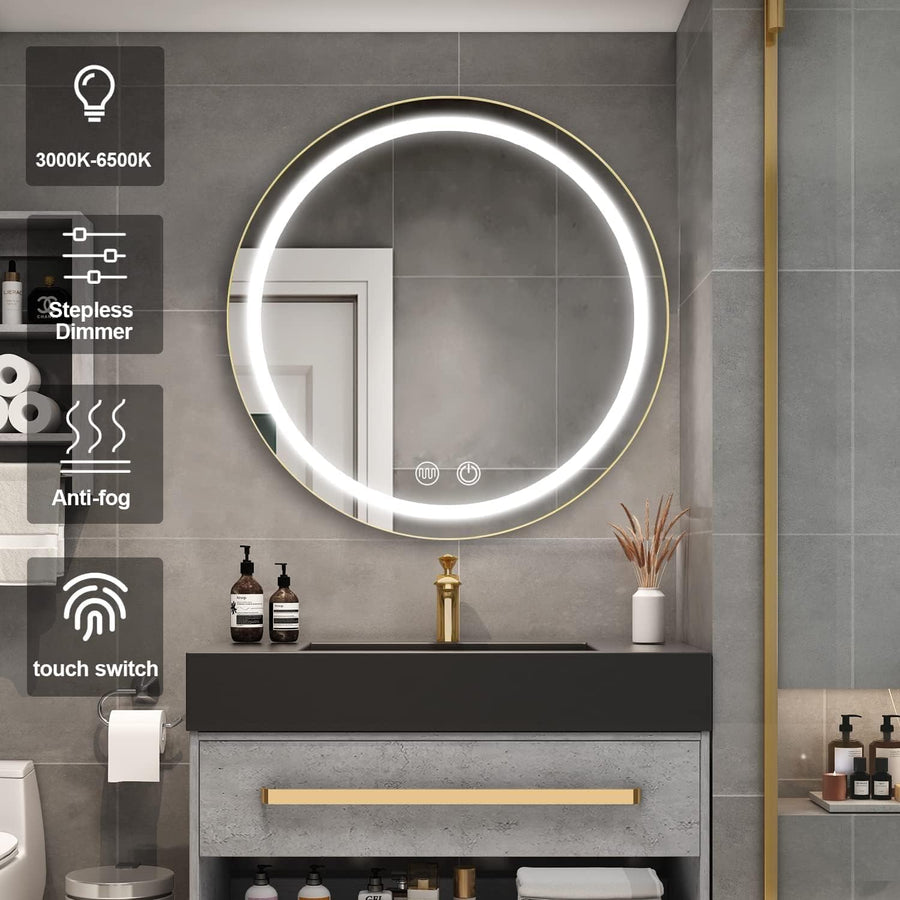 LED огледало с шкаф, кръг, 50x50см, увреждания, студ/гореща/неутрална светлина, черна рамка, място за съхранение