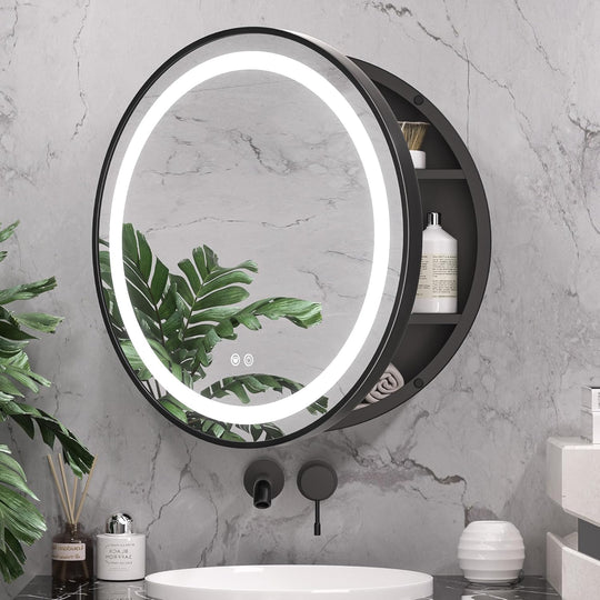 LED огледало с шкаф, кръгло, 10W, 50x50 см, против мъгла, черна рамка, място за съхранение Шкаф Огледала Заглавие по подразбиране Alessandro Design