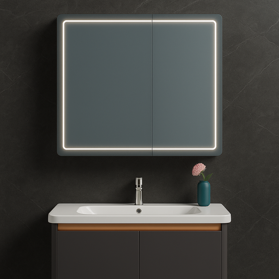 LED огледало с шкаф за баня и окачена мивка, 80x60 см, модерен дизайн, вградено осветление