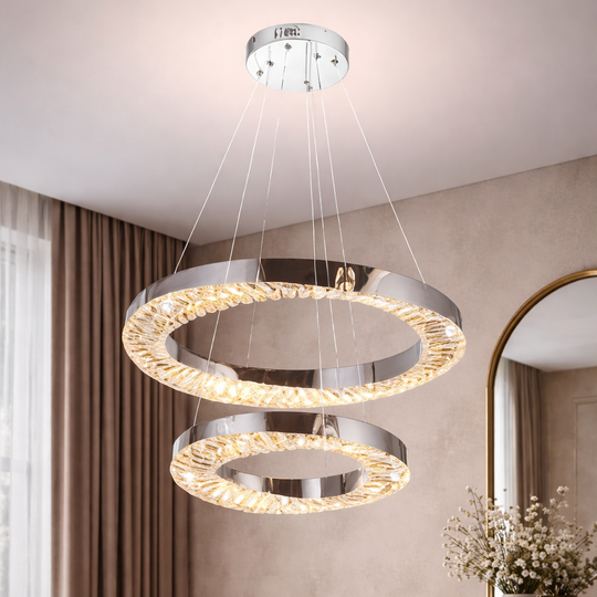 LED полилей с дистанционно управление, 196W, HALO Magno, диаметър 40+60 см, височина 120 см, IP20, студена/неутрална/топла светлина, възможност за димиране, хром, кристал, метален LED полилей с дистанционно управление Заглавие по подразбиране Alessandro Design