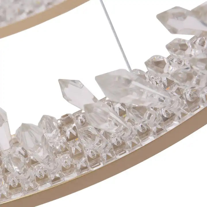 Окачен LED полилей с дистанционно управление, K9 Crystals, 67W, 2 кръга, 60 см, Студена/Топла/Неутрална светлина, Димируем, Златен, Регулируема по височина