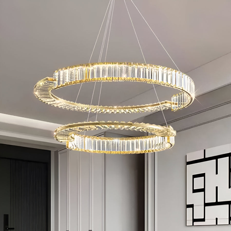 LED полилей, окачен с дистанционно управление и кристална призма Royal 200W, 2 кръга, студена/гореща/неутрална светлина, маргаритка, злато, регулируема височина