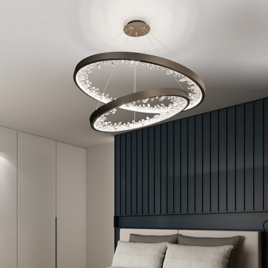 Окачен LED полилей с дистанционно управление, кристали K9, 67W, 2 кръга, 60 см, студена/топла/неутрална светлина, димиране, черен, регулируема височина