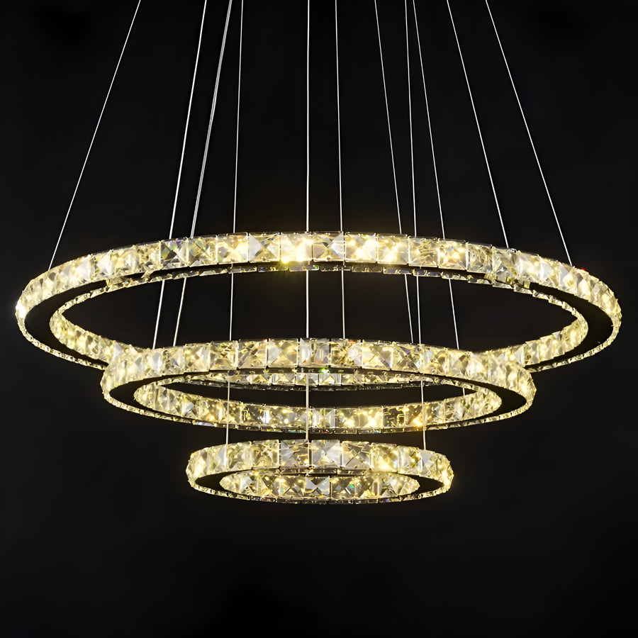 LED полилей, окачен с дистанционно управление и кристална призма luminis 78w, 3 кръга, студена/гореща/неутрална светлина, маргаритка, сребро, регулируема височина