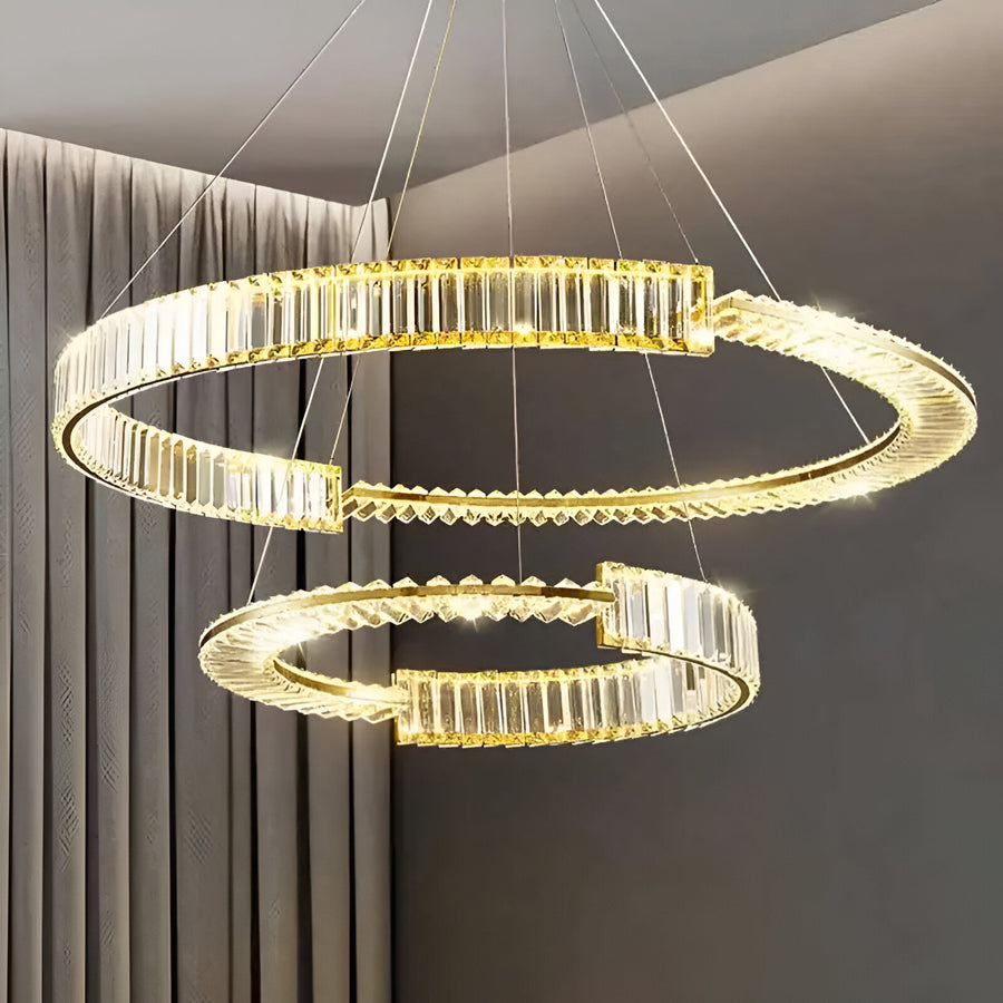 LED полилей, окачен с дистанционно управление и кристална призма Royal 200W, 2 кръга, студена/гореща/неутрална светлина, маргаритка, злато, регулируема височина