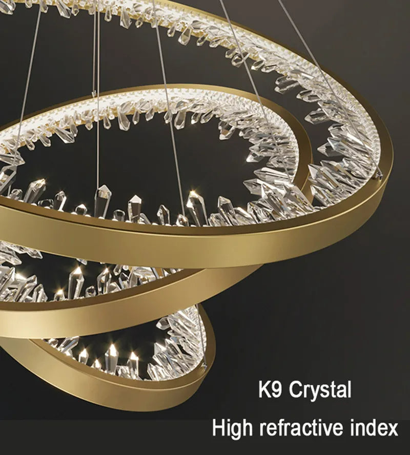 Окачен LED полилей с дистанционно управление, K9 Crystals, 67W, 2 кръга, 60 см, Студена/Топла/Неутрална светлина, Димируем, Златен, Регулируема по височина