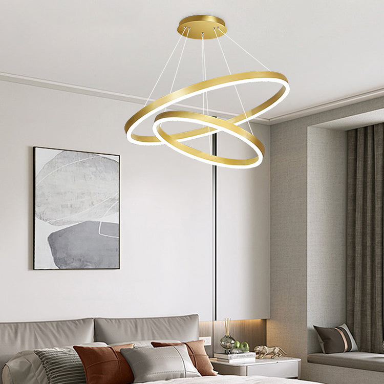 Окачен LED полилей с дистанционно управление CHRISTINE, 42W, 2 кръга, Студена/Топла/Неутрална светлина, Димиране, Блестящо злато, Регулируема височина