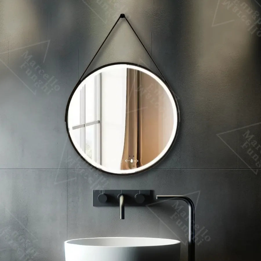 Кръгло LED огледало, 50 см, Celeste Majes Noir Eleva Motionglow Marcello, система за деактивиране, часовник и термометър, Davable