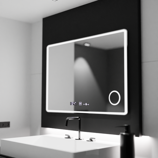 Правоъгълно LED огледало 120x80 Aura Riflesso Puro MotionGlow Marcello, Система за обезпотяване, Термометър и часовник, Димируеми огледала Marcello Заглавие по подразбиране Alessandro Design