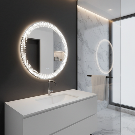Кръгло LED огледало Nexos, 60 см, 24 W, топла/студена/неутрална светлина, сензор, система против запотяване, часовник, димиране