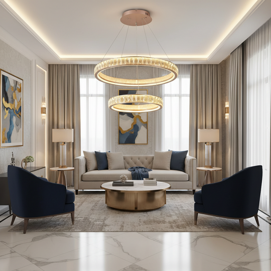 Кристален полилей, KENSINGTON Magno, 111 W, злато, 2 елемента, регулируема височина, топла/студена/неутрална светлина LED полилеи с дистанционно управление Заглавие по подразбиране Alessandro Design