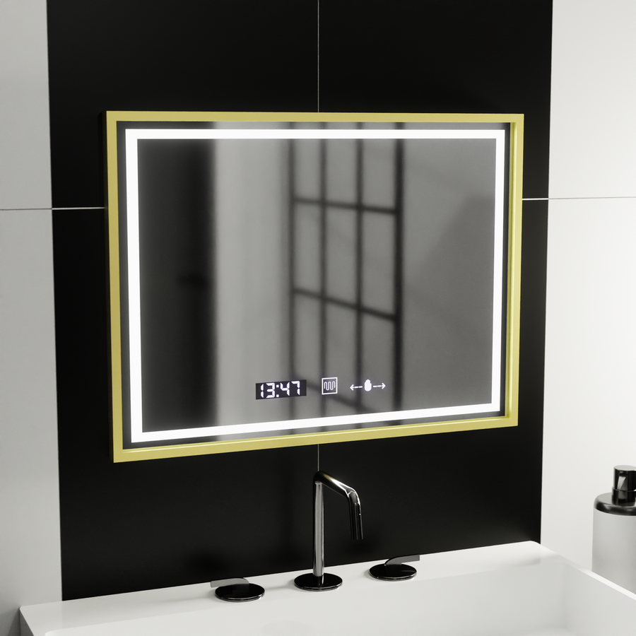 Правоъгълно светодиодно огледало, 80x60см, Royale Gold Motionglow Marcello, Devover, Clock & Thermometer, Dimable