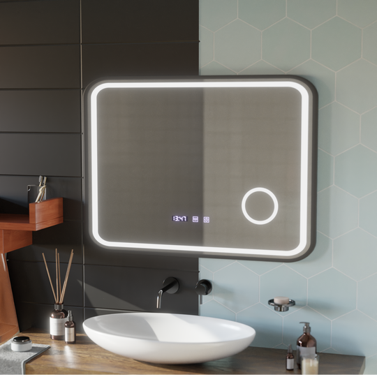 LED Touch Bernd Система за премахване на запотяването на огледалото, часовник и температура 80x60 cm Черна рамка Матирана козметична лупа Огледала Korman S Заглавие по подразбиране Alessandro Design
