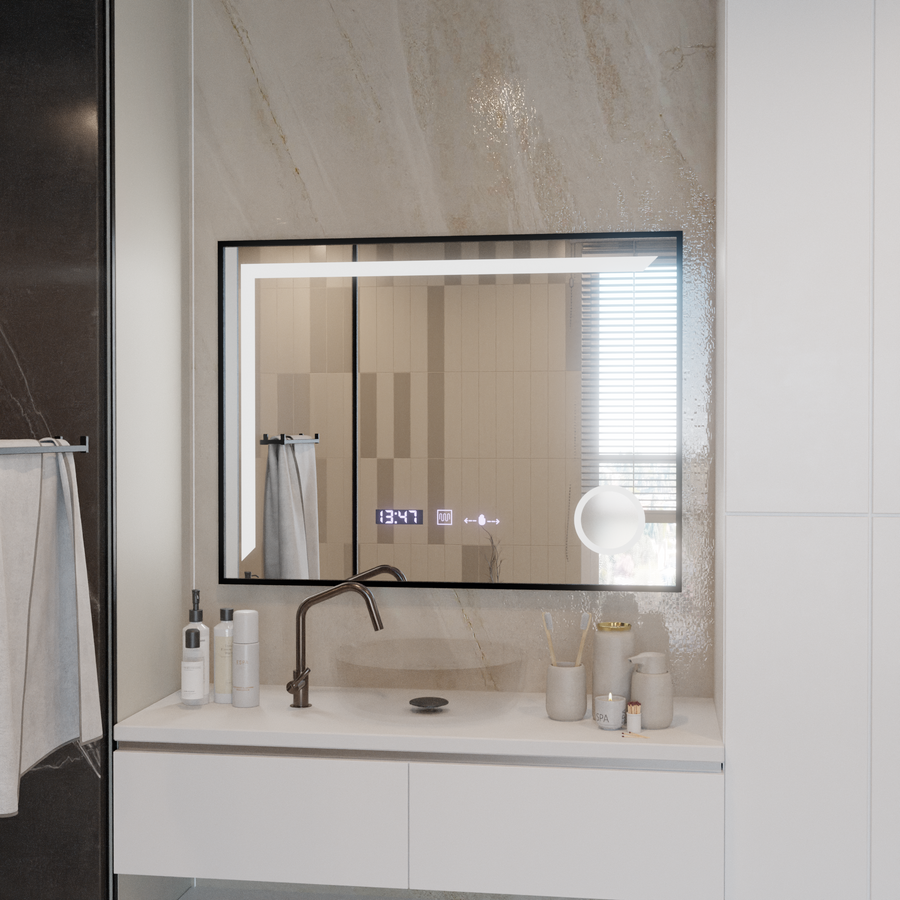 LED огледален сензор Motionglow Francesca 80x60 cm Студена светлина/студена неутрална рама черна четка система размразява термометър часовник marcello funghi