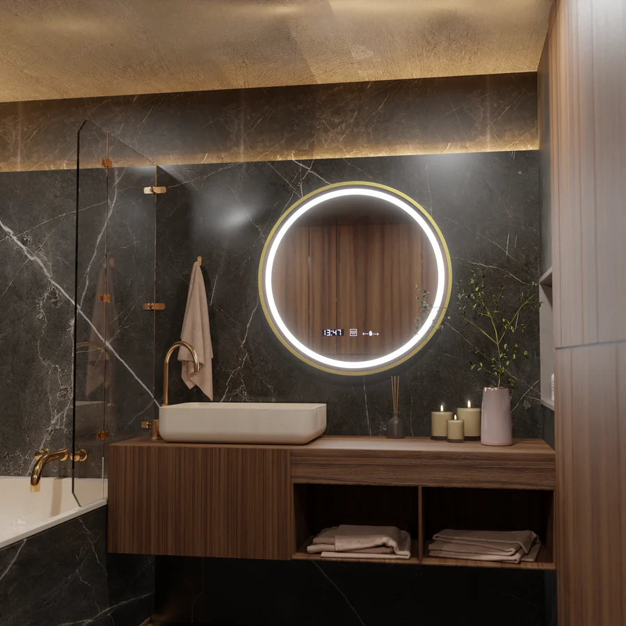 Кръгло LED огледало, 60 см, Celeste Royale Gold Eleve Motionglow Marcello, система за демонтиране, часовник