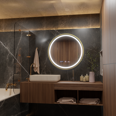 Кръгло светодиодно огледало, 60 см, Celeste Royale Gold Motionglow Marcello, заместник -система, часовник и термометър, подразбиращ се