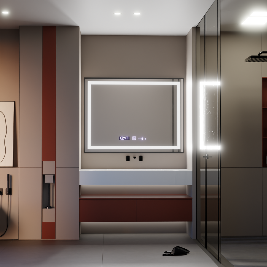 Правоъгълно светодиодно огледало, 80x60см, Verite Majets Noir Motion Glow Marcello, система за размразяване, часовник и термометър, намаляващ се