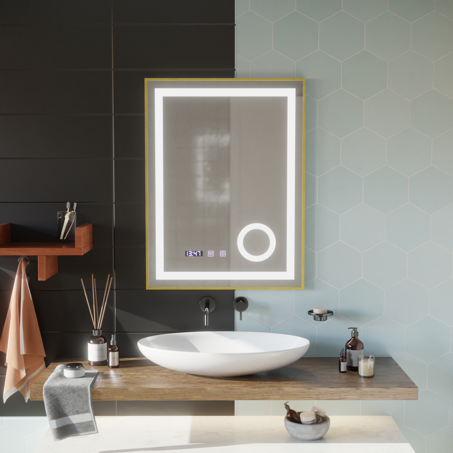 CLARUS LED Touch Mirror система против запотяване, часовник и температура 60x80 cm Златна рамка Матирана козметична лупа