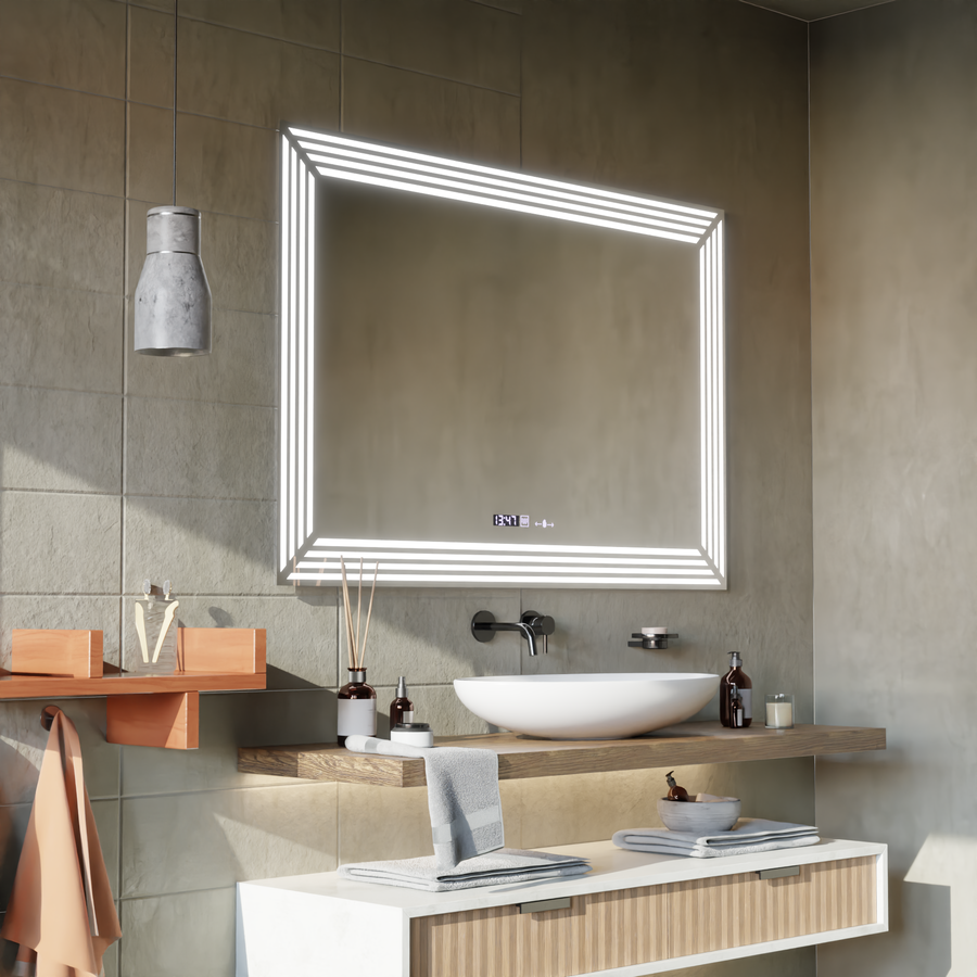 Правоъгълно LED огледало, 120x80cm, Venezia Sensor MotionGlow Marcello, Demister System, Clock & Thermometer, Dimable