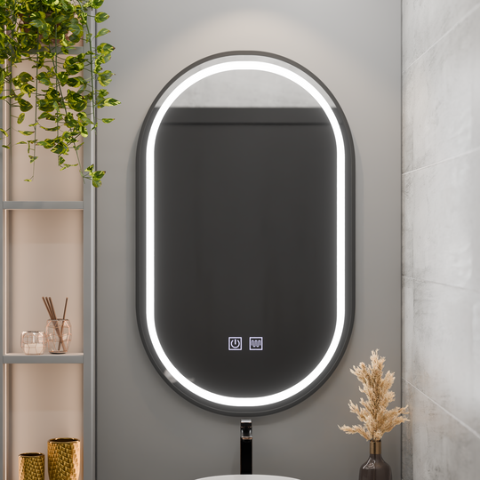 Овално LED огледало 60x100cm VETRO Touch Dimable Demister System, черна рамка Korman Mirrors E Заглавие по подразбиране Alessandro Design