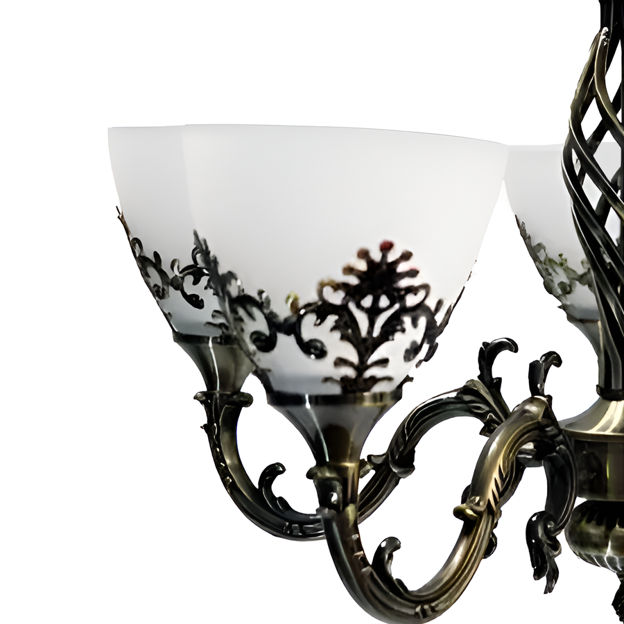 Селски вила полилей, 5*E27, античен бронз, метал и стъкло