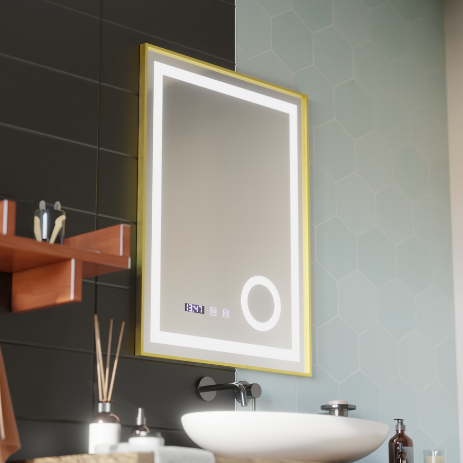 CLARUS LED Touch Mirror система против запотяване, часовник и температура 60x80 cm Златна рамка Матирана козметична лупа