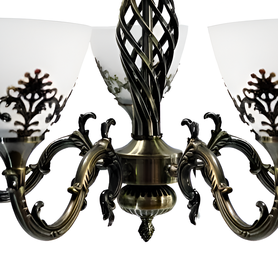 Селски вила полилей, 5*E27, античен бронз, метал и стъкло