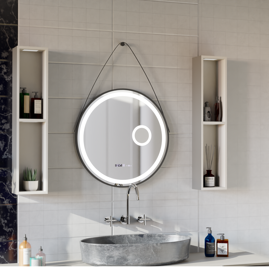 Кръгло светодиодно огледало, 60 см, сензор за движение MICAH MOTLEGLOW MARCELLO, система за размразяване, часовник и термометър, козметична лупа, подражаема