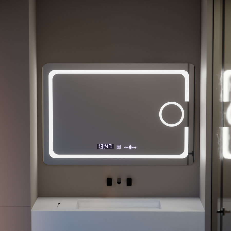 Правоъгълно светодиодно огледало, 120x80см, Eclat Motionglow Marcello, отдели, часовник и термометър, козметична лупа, подразбираща се