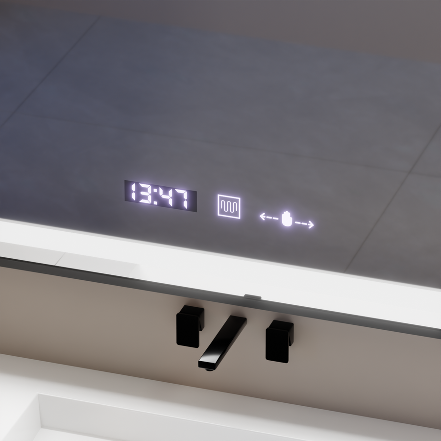 Правоъгълно светодиодно огледало, 80x60см, Verite Majets Noir Motion Glow Marcello, система за размразяване, часовник и термометър, намаляващ се