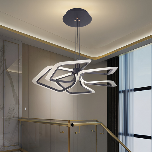 Окачен LED полилей с дистанционно управление 104W, 5 квадрата, Студена/Топла/Неутрална светлина, Димируем, Черен