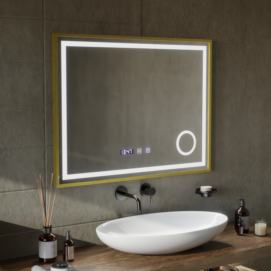 CLARUS Touch LED система за размразяване на огледалото, часовник и температура 80x60 cm Козметична лупа с матирана златна рамка