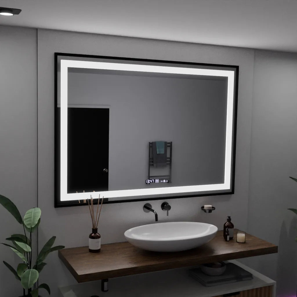 Огледален светодиоден правоъгълен 100x65cm Verite Majeste Noir Motion Glow Marcello Clock Размразяване и размерен термометър