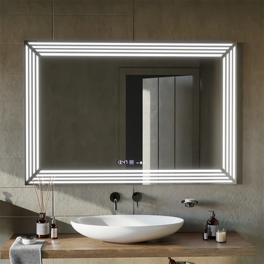 Правоъгълно LED огледало, 120x80cm, Venezia Sensor MotionGlow Marcello, система против запотяване, часовник & Thermometer, с димер
