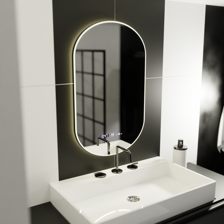 Овално светодиодно огледало, 50x80см, сензор Lucia Marcello, система за размразяване, часовник и термометър, подразбиращ се