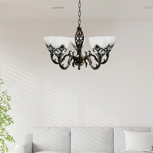 Селски вила полилей, 5*E27, античен бронз, метал и стъкло