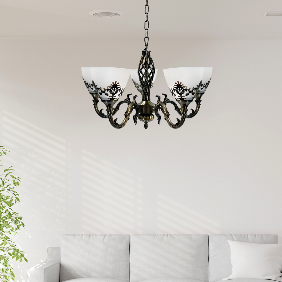 Селски вила полилей, 5*E27, античен бронз, метал и стъкло