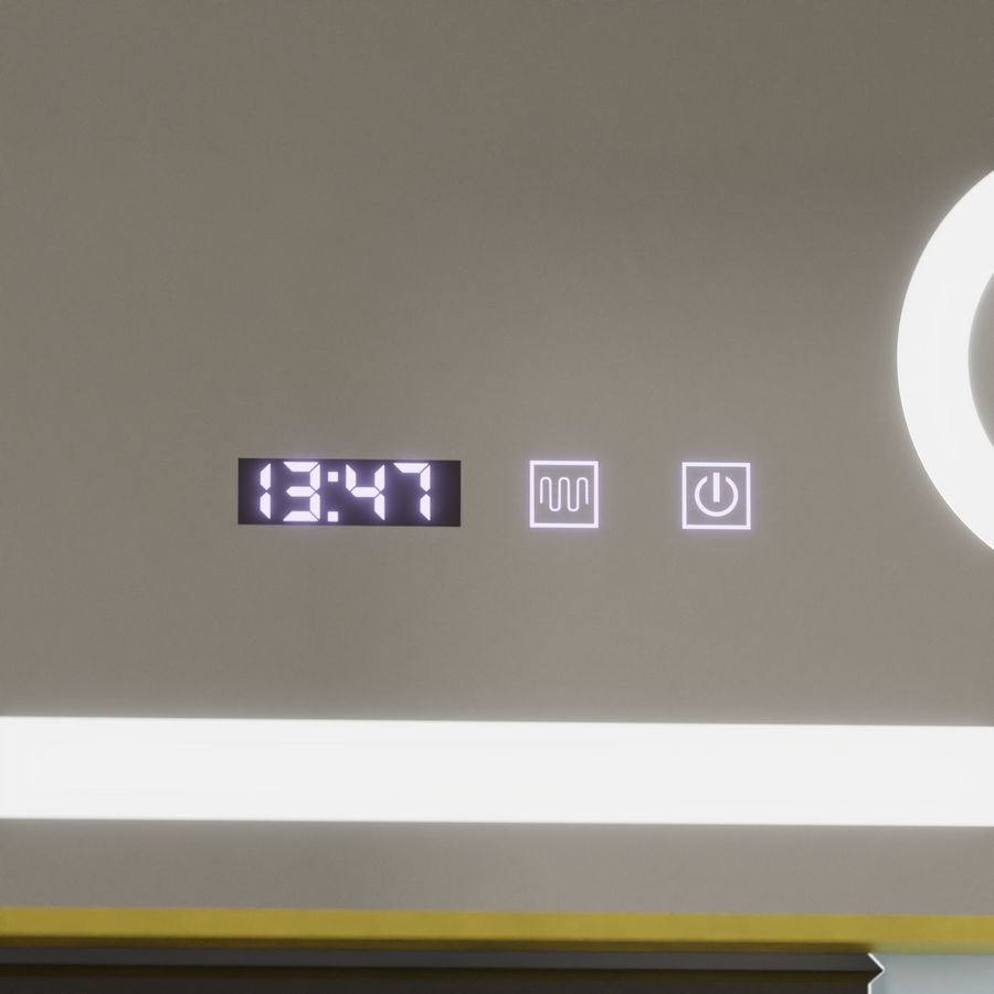 CLARUS Touch LED система за размразяване на огледалото, часовник и температура 80x60 cm Козметична лупа с матирана златна рамка