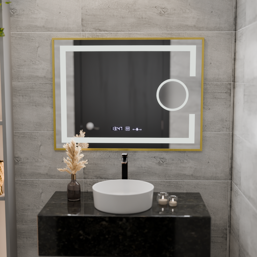 Правоъгълно светодиодно огледало, 80x60cm, eclat motionglow marcello, заместник -система, часовник и термометър, козметичен луп, размирен, златен рама четен