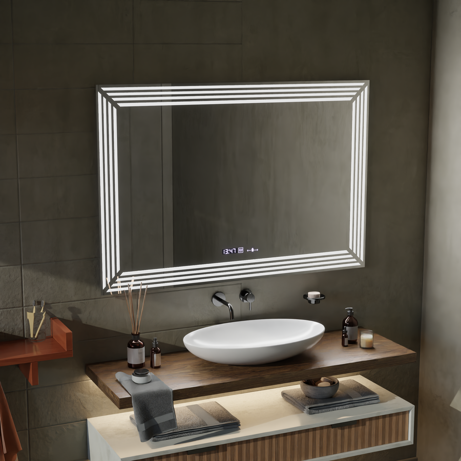 Правоъгълно LED огледало, 120x80cm, Venezia Sensor MotionGlow Marcello, Demister System, Clock & Thermometer, Dimable