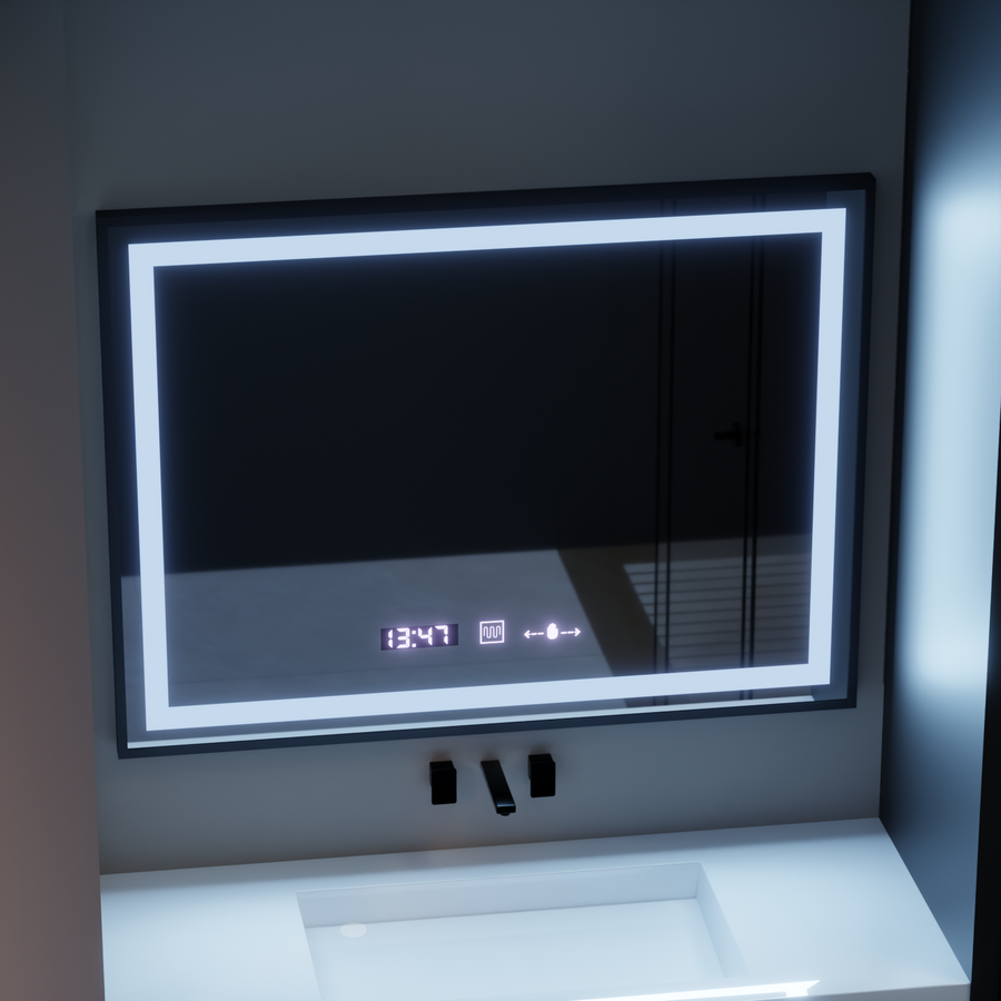 Правоъгълно светодиодно огледало, 80x60см, Verite Majets Noir Motion Glow Marcello, система за размразяване, часовник и термометър, намаляващ се