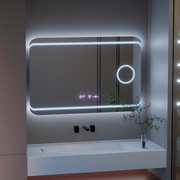 Правоъгълно светодиодно огледало, 100x60см, дефиниция Motionglow Marcello, система за размразяване, часовник и термометър, козметична лупа, подразбираща се