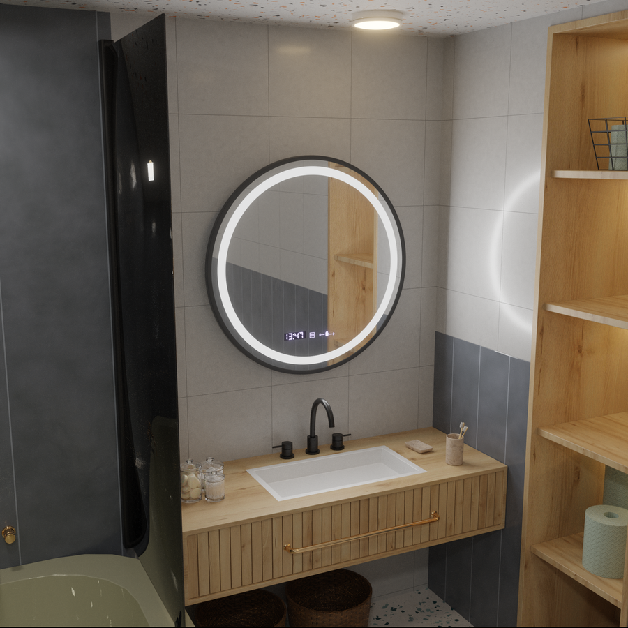 Кръгло LED огледало, 80 см, Celeste Majesté Noir Motionglow Marcello, система за размразяване, часовник и термометър, подразбиращ се