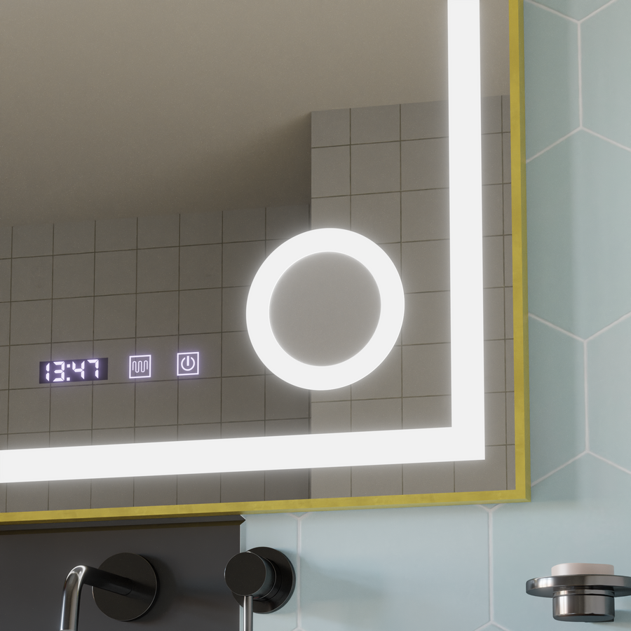 CLARUS Touch LED система за размразяване на огледалото, часовник и температура 80x60 cm Козметична лупа с матирана златна рамка