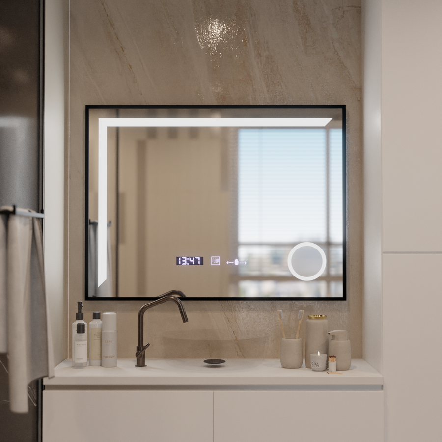 LED огледален сензор Motionglow Francesca 80x60 cm Студена светлина/студена неутрална рама черна четка система размразява термометър часовник marcello funghi