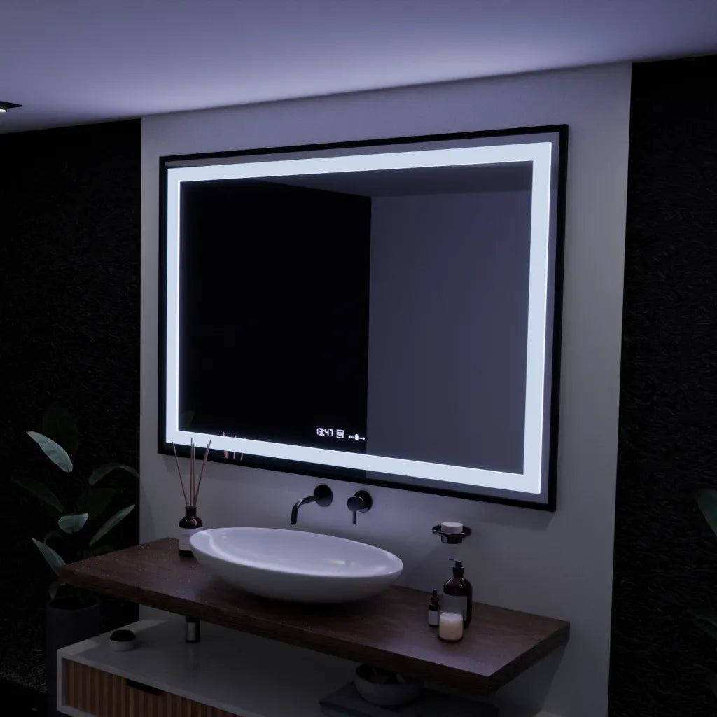 Огледален светодиоден правоъгълен 100x65cm Verite Majeste Noir Motion Glow Marcello Clock Размразяване и размерен термометър