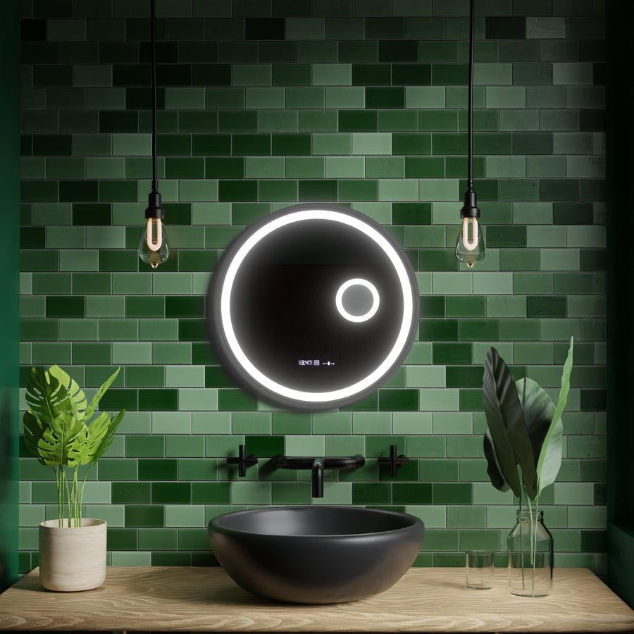 Кръгло светодиодно огледало, 60 см, сензор за движение MICAH MOTLEGLOW MARCELLO, система за размразяване, часовник и термометър, козметична лупа, подражаема